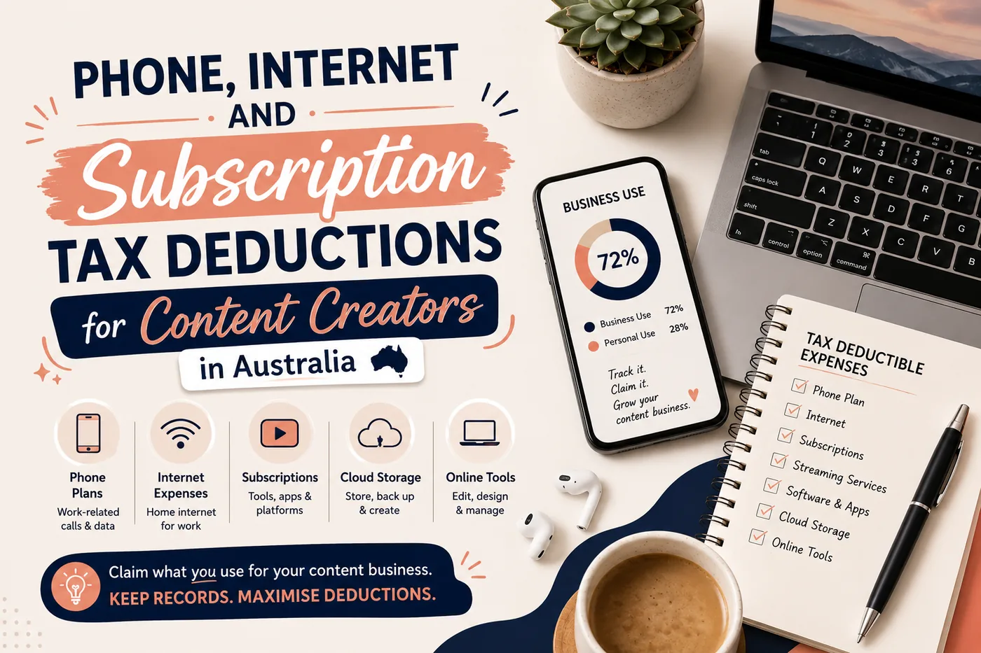 Phone, internet and subscription tax deductions for content creators in Australia: phone plans, internet, subscriptions, cloud storage and online tools