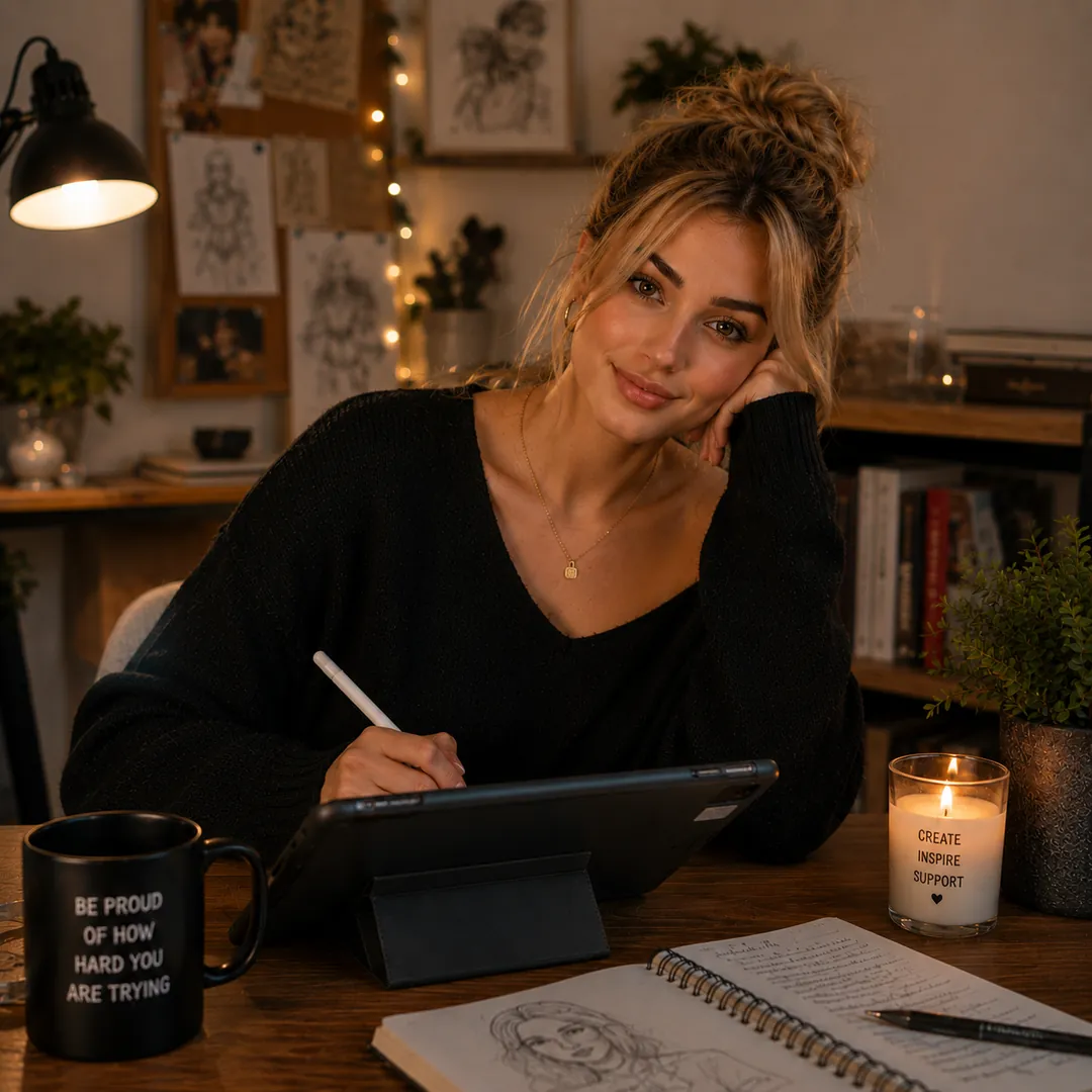 Patreon creator sketching on a tablet while sorting out her Australian tax deductions